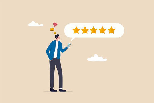 Customer feedback from mobile application, rating or user experience, scoring and satisfaction, product quality and online survey concept, satisfied man holding mobile giving 5 stars rating feedback.
