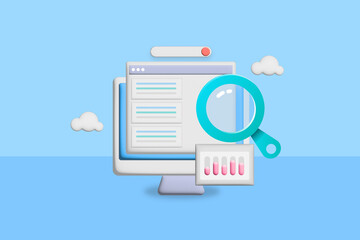 3d concept rendered illustration of search engine marketing, SEO website ranking on search results with analytical data, magnifying glass. business communication. 