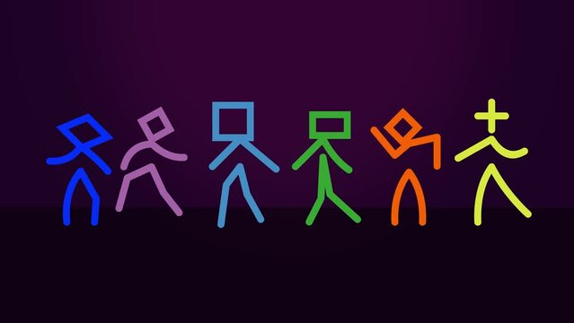 Bright colored stick figures dance to the beat. Animated colourful lighting backdrop.
