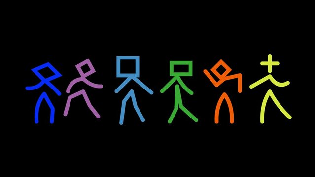 Stick figure nerds show off their individuality with quirky dance moves. Black background. Loopable at 120 bpm.