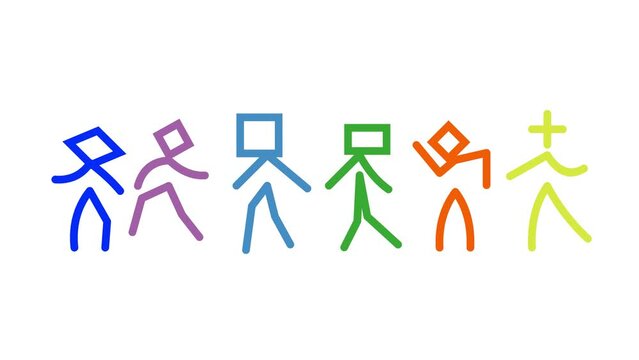 Animation of 6 people dancing on a white backdrop. Generic dance party concept.