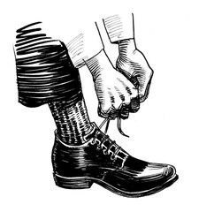 Hands tying shoe laces. Ink black and white drawing - obrazy, fototapety, plakaty