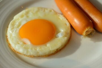 fried egg and sausage on whtie plate