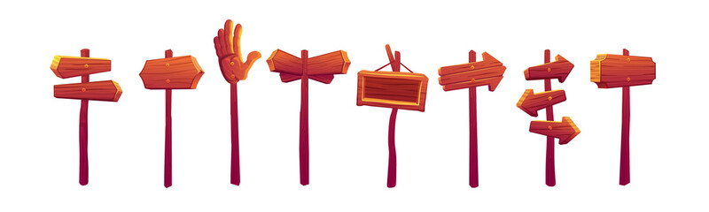 Wooden road sign boards, direction pointers on post. Vector cartoon set of old wood planks and panels on poles, signboards with arrows isolated on white background © klyaksun