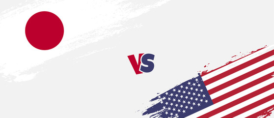 Creative Japan vs United States of America brush flag illustration. Artistic brush style two country flags relationship background