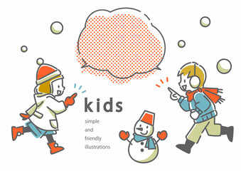 雪遊びを楽しむ子供たち　シンプルでかわいい線画イラスト