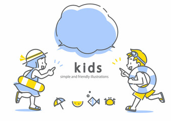 海やプールではしゃく子供たち　シンプルでかわいい線画イラスト