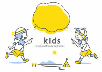 アウトドアを楽しむ子供たち　シンプルでかわいい線画イラスト