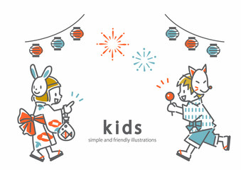 夏祭りではしゃぐ子供たち　シンプルでかわいい線画イラスト