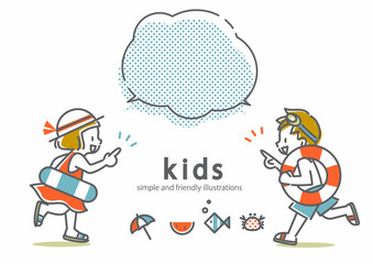 海やプールではしゃく子供たち　シンプルでかわいい線画イラスト