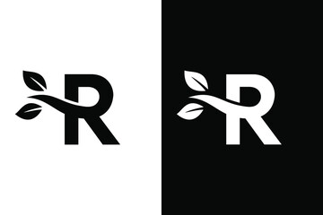 Letter R leaf concept black and white. Very suitable for symbol, logo, company name, brand name, personal name, icon and many more.