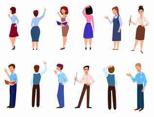 Fototapeta premium A set of men and women who report, teach. Teacher with a pointer and a book in his hand. View from the back. Flat character vector illustration