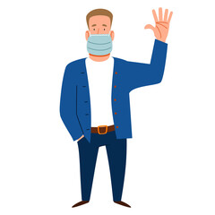 A fashionable man in a medical mask greets. Friendly greeting of a strong young guy. Vector illustration in a flat style, isolated on a white background.