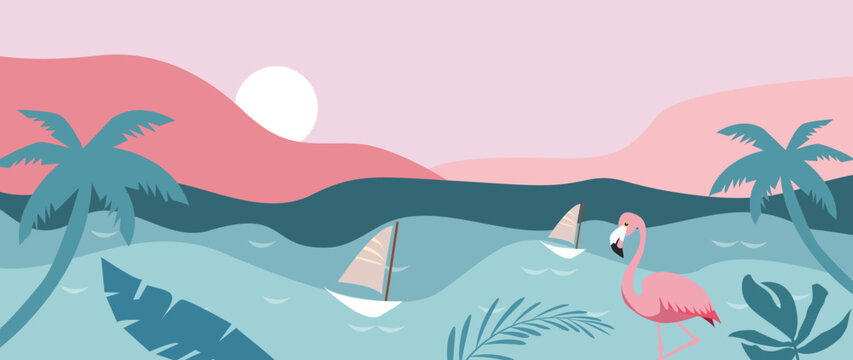 Vector flat image. Panorama of the sea and the beach. The picture shows the sea, sails, tropical leaves and sunset. Ideal for a post or summer sale banner.