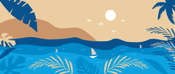 Fototapeta na wymiar Vector flat image. Panorama of the sea and the beach. The picture shows the sea, sails, tropical leaves and sunset. Ideal for a post or summer sale banner.
