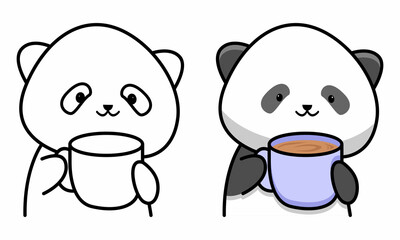 Cute panda drink coffee coloring page for kids