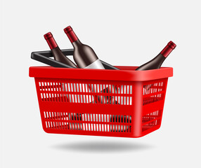 Fototapeta premium Several bottles of wine are in a red shopping cart for designing promotional sales of alcoholic beverages or intoxicating beverages,vector 3d isolated on white background for food and drink concept