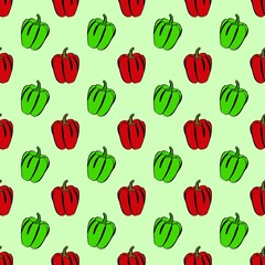 A simple doodle illustration of bright juicy sweet pepper. Sweet Bulgarian pepper. Seamless pattern.