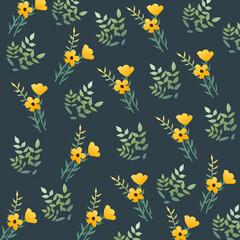 Fototapeta na wymiar seamless pattern of gorgeous yellow flowers and dark green leaves 
