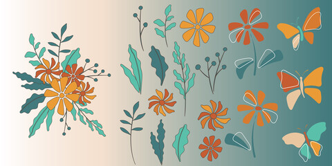 Fototapeta na wymiar Vector set of simple illustration of flowers and leaves, butterflies. Simple floral composition and elements for card design, decoration of pattern, cover, label, floral shop.