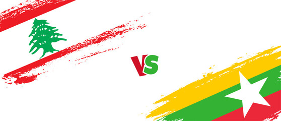 Creative Lebanon vs Myanmar brush flag illustration. Artistic brush style two country flags relationship background