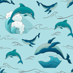Obraz premium Vector seamless pattern with dolphins, whales with waves. Bright illustration for fabric design, textile, kids room decoration, poster, wrapping paper, wallpaper, packaging, cover, card.