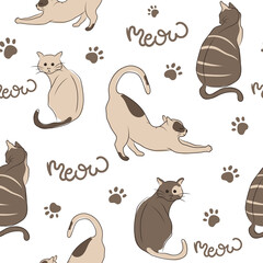 Vector seamless pattern with cats in different poses. Illustration for fabric design, textile, kids room decoration, poster, wrapping paper, wallpaper, packaging, cover, card.