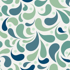 Vector seamless pattern with drops shapes, circles in green palette. Abstract backdrop for fabric design, textile decoration, poster, wrapping paper, wallpaper, packaging, cover, card. 