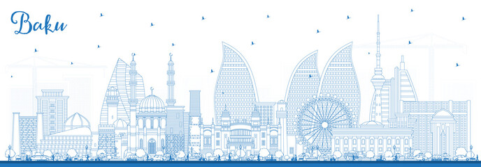 Outline Baku Azerbaijan City Skyline with Blue Buildings.