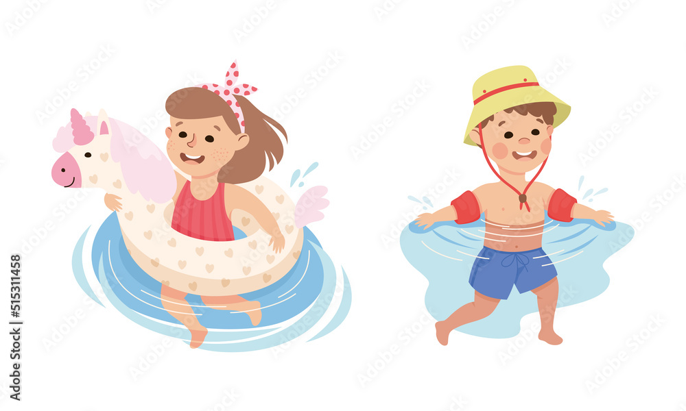 Wall mural Little Boy and Girl in Swimsuit Swimming with Rubber Ring in Water Vector Set