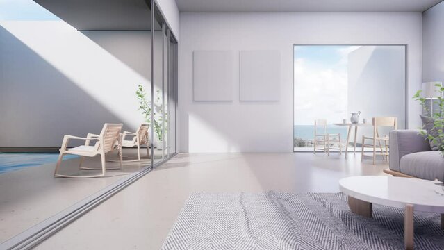 Dining table near white sofa on gray carpet of large living room in modern house or luxury pool villa. Cozy home interior 3d rendering with beach and sea view.