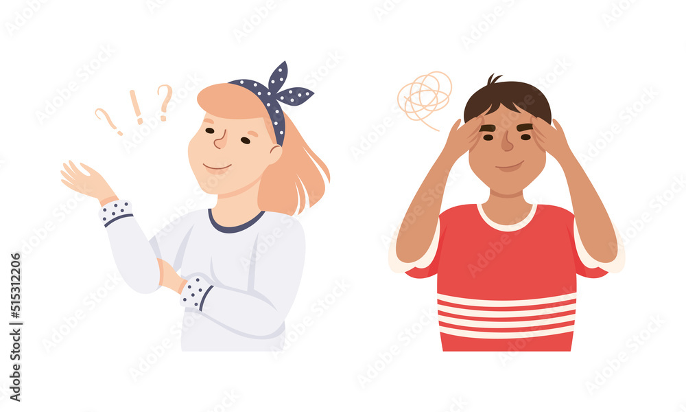 Poster man and woman thinking and figuring something out searching for idea vector set