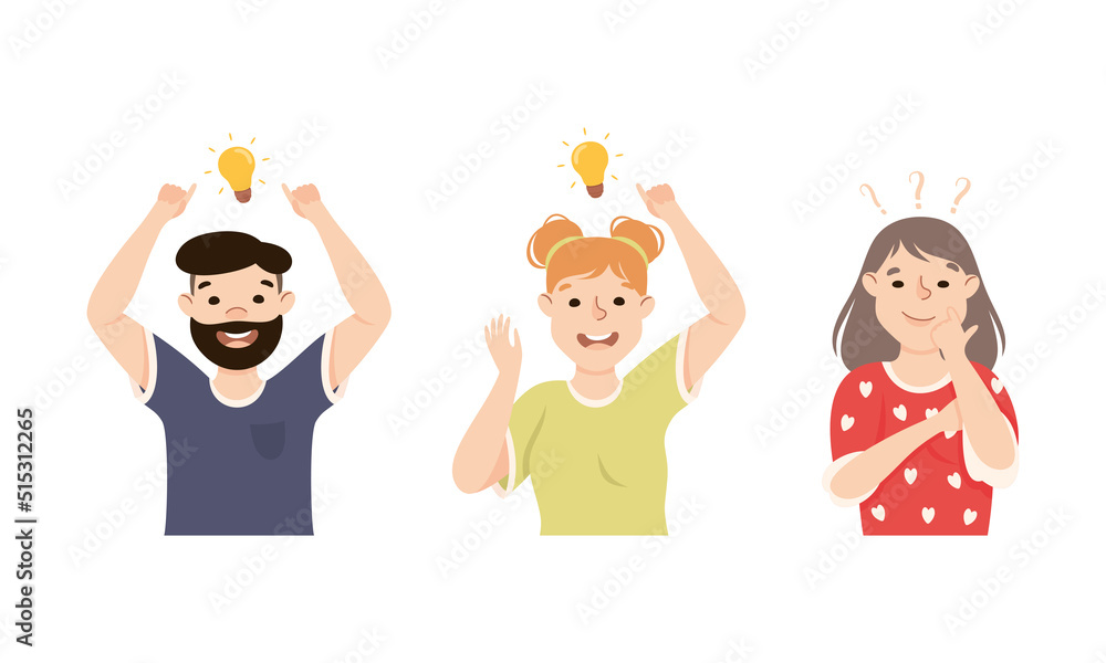 Poster man and woman thinking and figuring something out searching for idea vector set