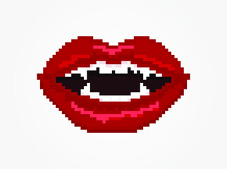 Fototapeta premium Pixel Female red vampire lips with bite fangs