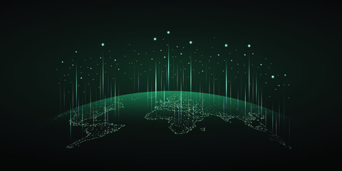 World map and parts connected by dots and lines. A database system that everyone can access with the Internet. Concept of connection and communication technology in the world.