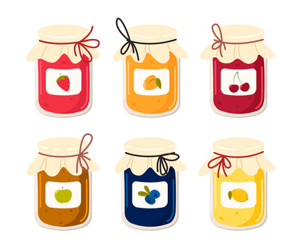 Glass jars with fruit or berry jam vector illustrations set. Cartoon drawings of cute jars with marmalade from juice of different colors isolated on white background. Food, dessert concept