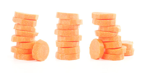 Three carrots stacked on a white background.