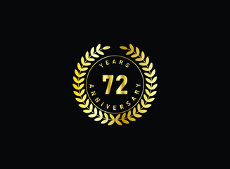 72th anniversary celebration with gold glitter color and white background. Vector design for celebrations, invitation cards and greeting cards.