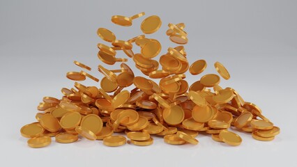 pile of coins,coins stack isolate white background.Shopping mobile app,coins Cashback and banking,money-saving,product display stage.Isolate background.3D rendering illustration