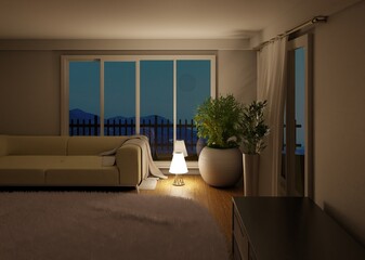 Night room interior with a panoramic window and couch. Big home plant on the floor. Carpet and wooden floor. 3D rendering.