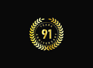91th anniversary celebration with gold glitter color and white background. Vector design for celebrations, invitation cards and greeting cards.