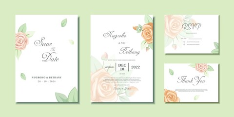 Fototapeta na wymiar Wedding invitation with beautiful pink rose bouquet and leaves. Wedding invitation, Thank you card and RSVP with rose flower bouquet.