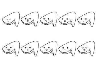 hand drawn collection of kawai fried chicken wings with facial characters, on a white background