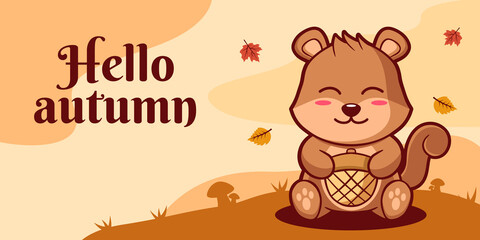 Hand drawn autumn social media banner template with squirrel illustration