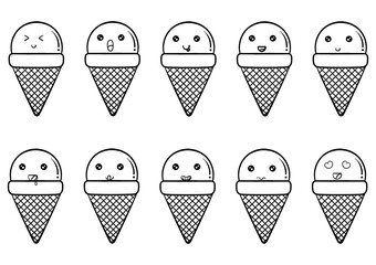 hand drawn collection of kawai ice cream with facial characters, on a white background