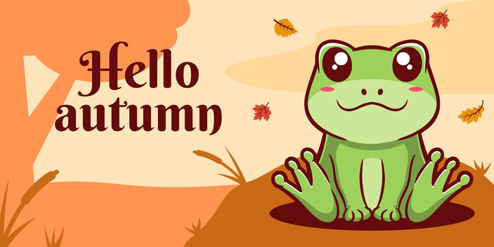 Hand drawn autumn social media banner template with frog illustration