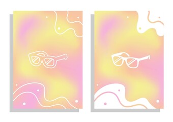 Bright summer covers with glasses silhouette for party, invitation and banners. Set of vector gradients in pastel colors. For covers, wallpapers, branding and other projects.