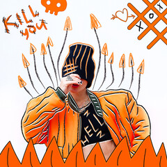 Contemporary digital collage art. Halloween party Girl. Text Hell, kill you. Fashion zine design