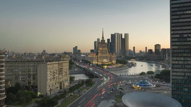 very beautiful view of the hotel Ukraine in Moscow, timelapse day to night in the center of the capital of Russia