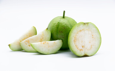 Whole and slices Guava isolated on the white background,